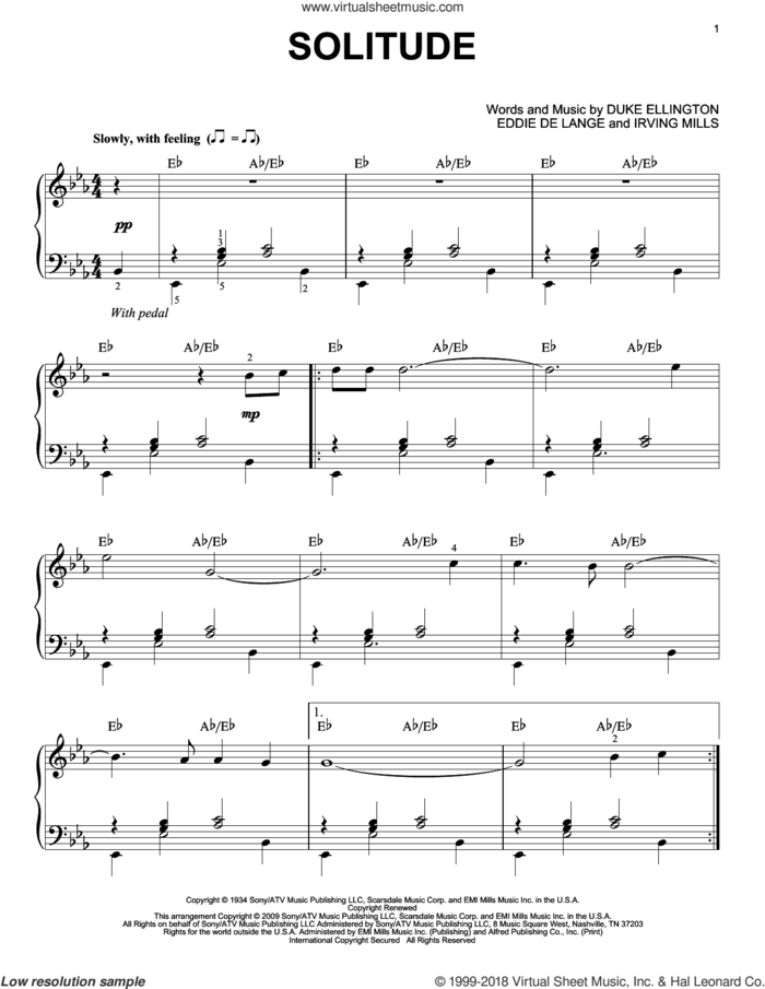 Solitude (arr. Brent Edstrom) sheet music for piano solo by Duke Ellington, Brent Edstrom, Eddie DeLange and Irving Mills, intermediate skill level