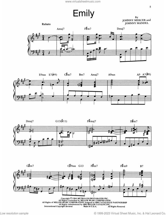 Emily sheet music for piano solo (transcription) by Bill Evans, Johnny Mandel and Johnny Mercer, intermediate piano (transcription)