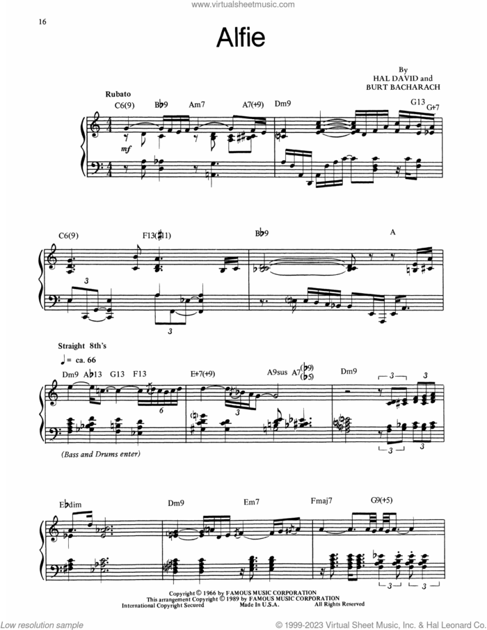 Alfie sheet music for piano solo (transcription) by Bill Evans, Cher, Dionne Warwick, Sonny Rollins, Stevie Wonder, Burt Bacharach and Hal David, intermediate piano (transcription)