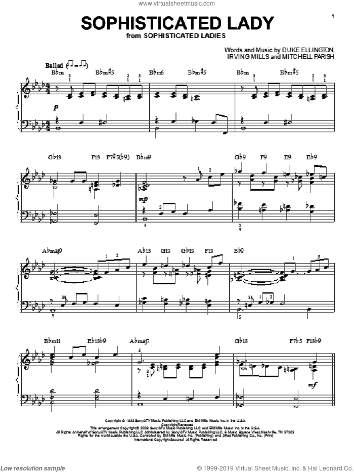Sophisticated Lady (arr. Brent Edstrom) sheet music for piano solo by Duke Ellington, Brent Edstrom, Irving Mills and Mitchell Parish, intermediate skill level