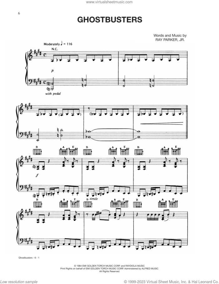 Ghostbusters sheet music for voice, piano or guitar by Ray Parker Jr., intermediate skill level