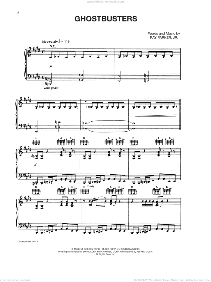 Ghostbusters sheet music for voice, piano or guitar by Ray Parker Jr., intermediate skill level