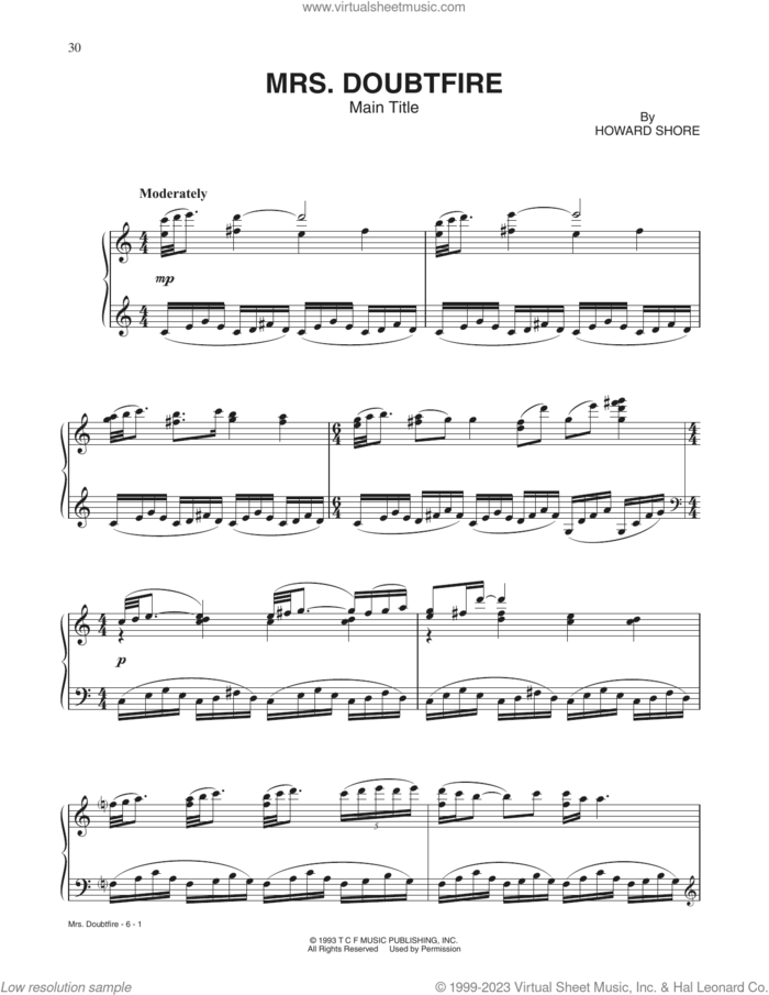 Mrs. Doubtfire (Main Title) sheet music for piano solo by Howard Shore, intermediate skill level