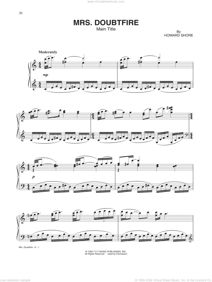 Mrs. Doubtfire (Main Title) sheet music for piano solo by Howard Shore, intermediate skill level