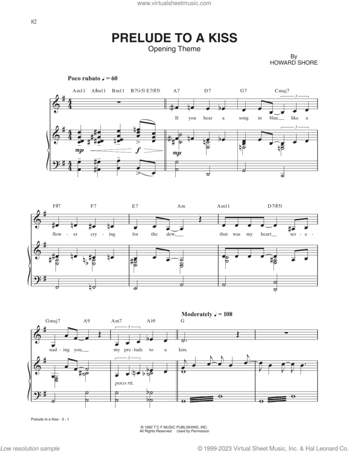 Prelude To A Kiss (Main Title) sheet music for voice and piano by Howard Shore, intermediate skill level