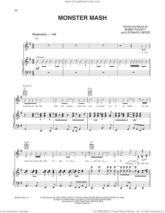 Monster Mash sheet music for voice, piano or guitar by Bobby 'Boris' Pickett, Bobby Pickett and Leonard Capizzi, intermediate skill level