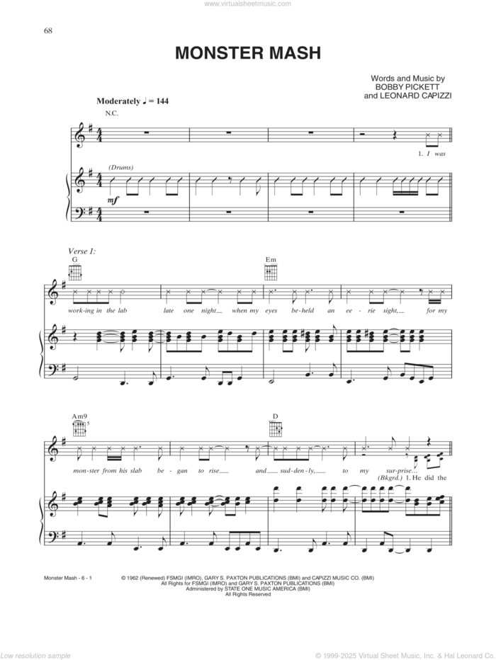 Monster Mash sheet music for voice, piano or guitar by Bobby 'Boris' Pickett, Bobby Pickett and Leonard Capizzi, intermediate skill level