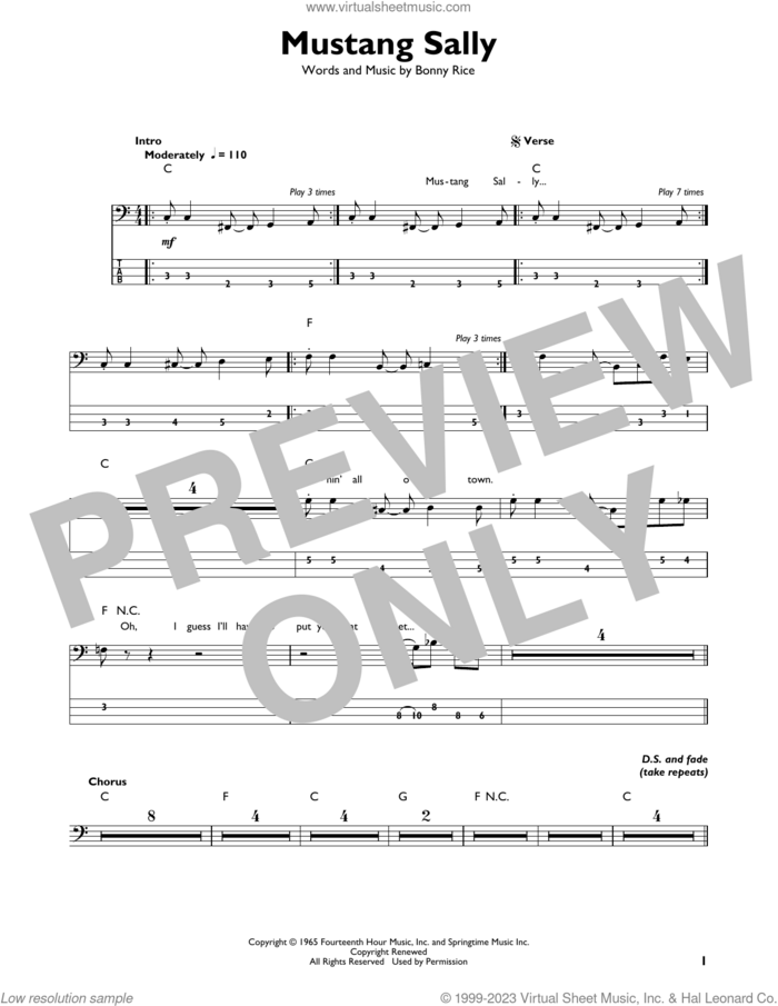 Mustang Sally sheet music for bass solo by Wilson Pickett, Buddy Guy and Bonny Rice, intermediate skill level