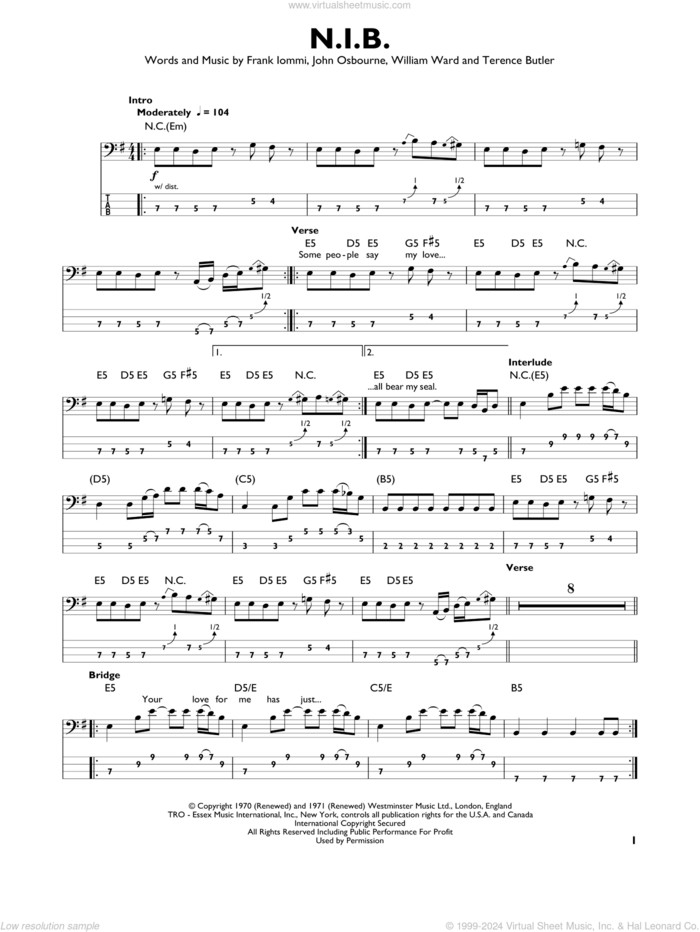 N.I.B. sheet music for bass solo by Black Sabbath, Frank Iommi, John Osbourne, Terence Butler and William Ward, intermediate skill level