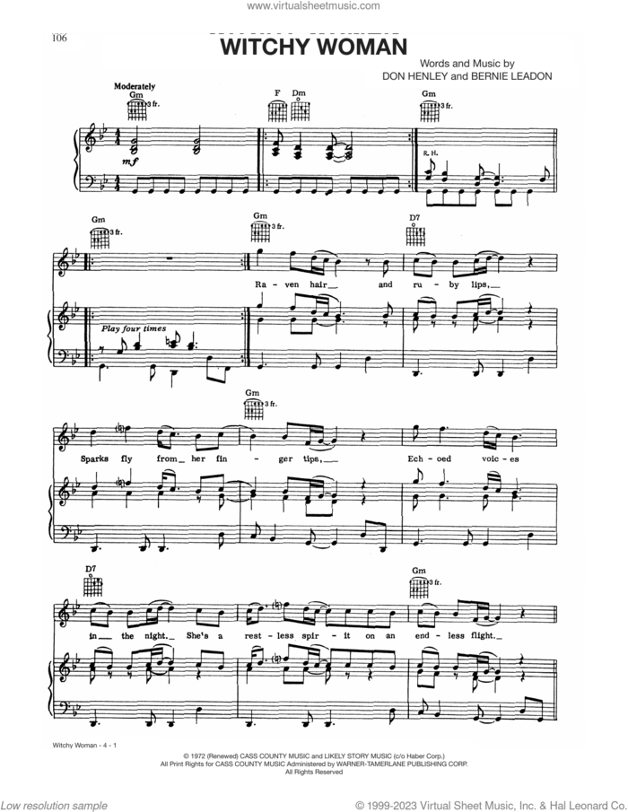 Witchy Woman sheet music for voice, piano or guitar by The Eagles, Bernie Leadon and Don Henley, intermediate skill level