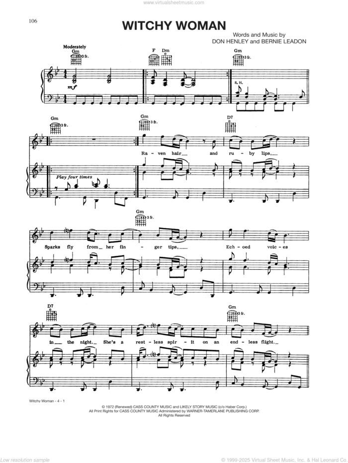 Witchy Woman sheet music for voice, piano or guitar by The Eagles, Bernie Leadon and Don Henley, intermediate skill level