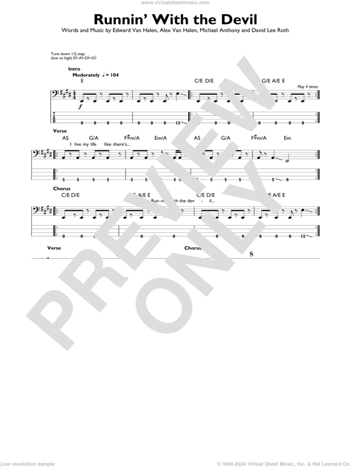 Runnin' With The Devil sheet music for bass solo by Edward Van Halen, Alex Van Halen, David Lee Roth and Michael Anthony, intermediate skill level