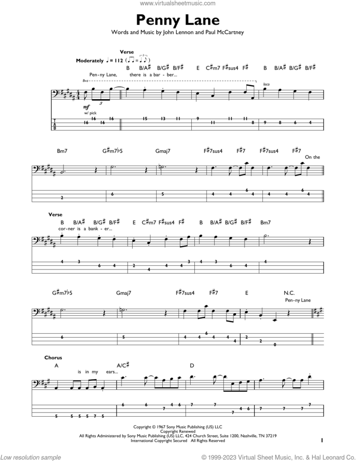 Penny Lane sheet music for bass solo by The Beatles, John Lennon and Paul McCartney, intermediate skill level