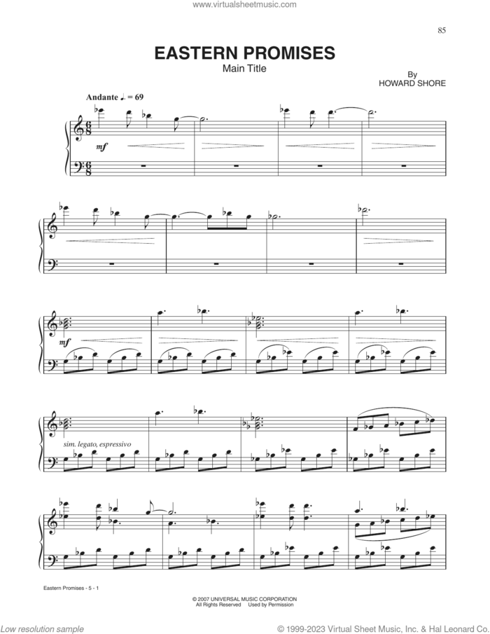 Eastern Promises sheet music for piano solo by Howard Shore, intermediate skill level