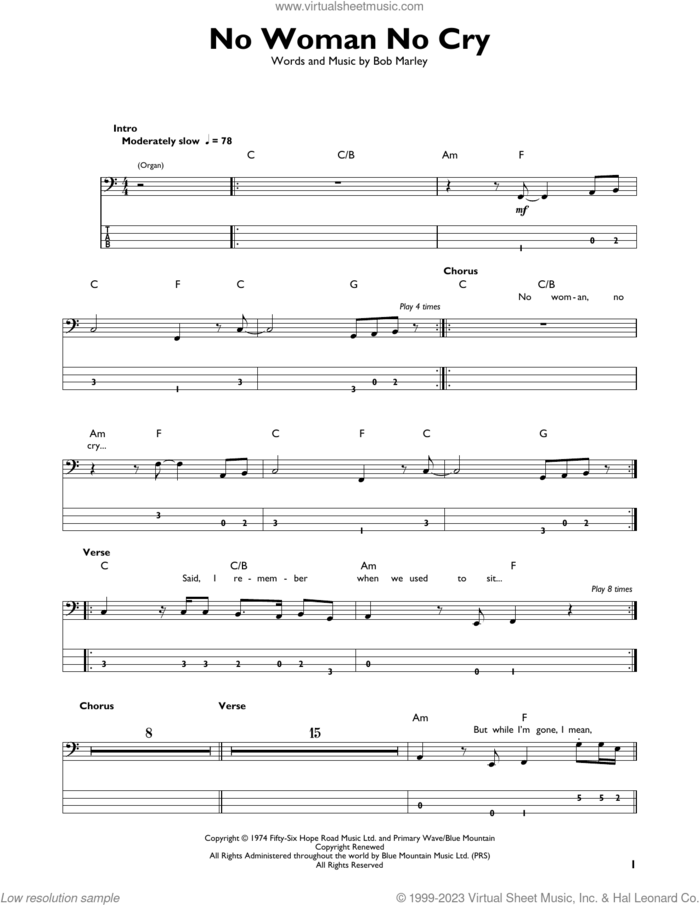 No Woman No Cry sheet music for bass solo by Bob Marley and Vincent Ford, intermediate skill level