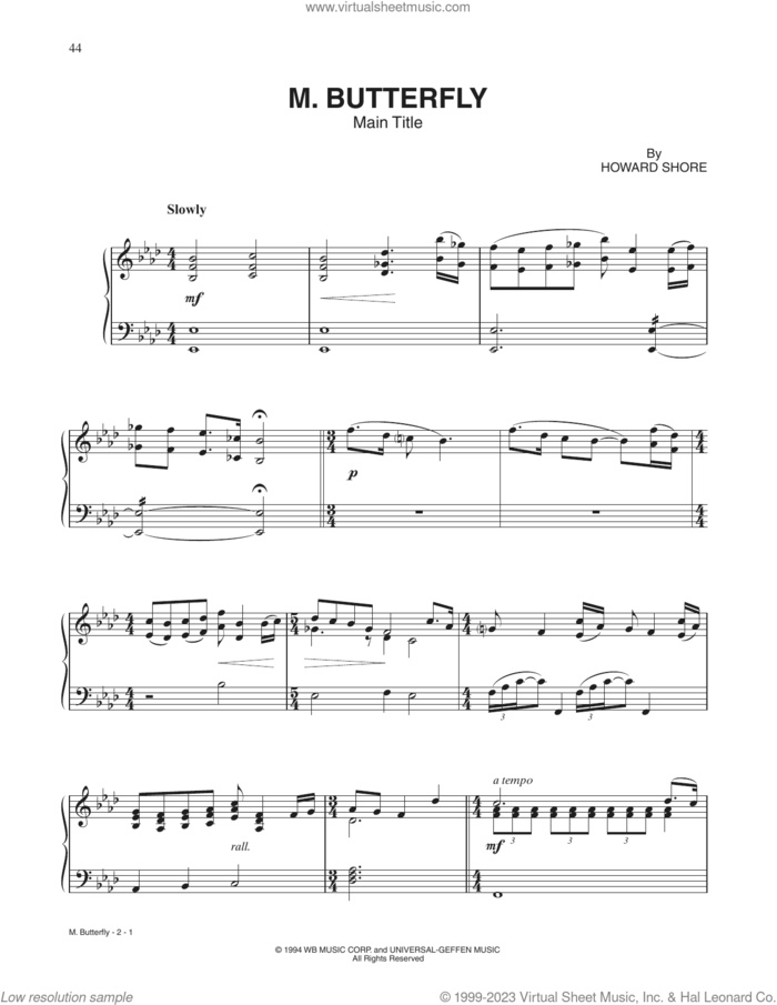M. Butterfly (Main Title Theme) sheet music for piano solo by Howard Shore, intermediate skill level