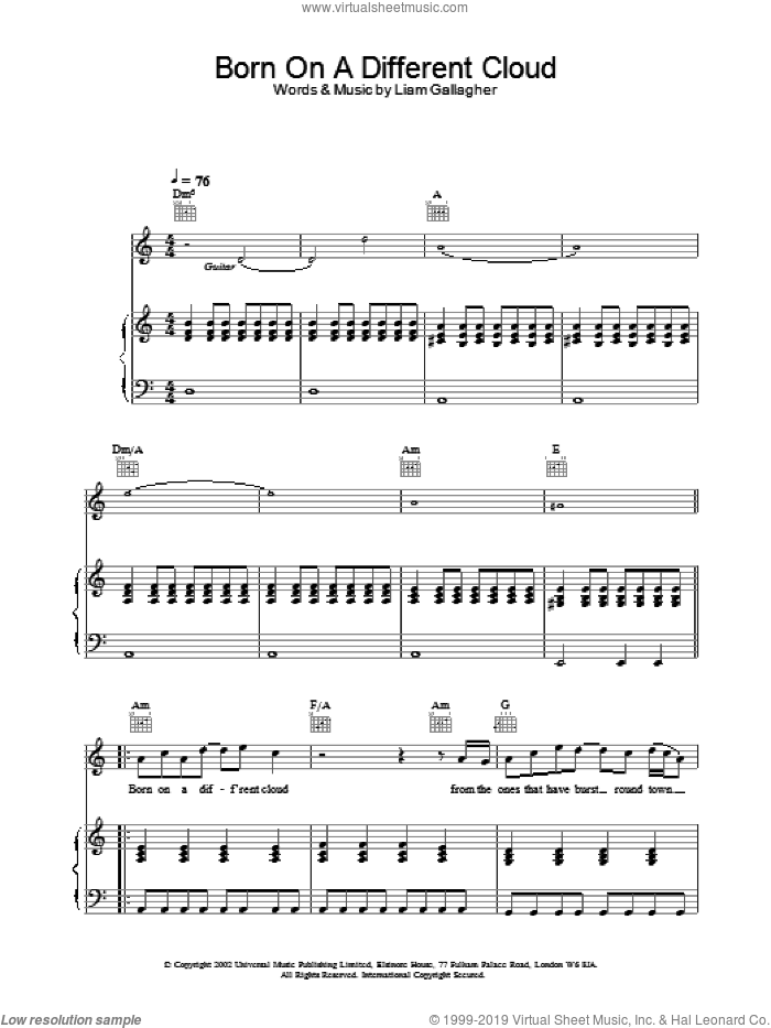Born On A Different Cloud sheet music for voice, piano or guitar by Oasis, intermediate skill level