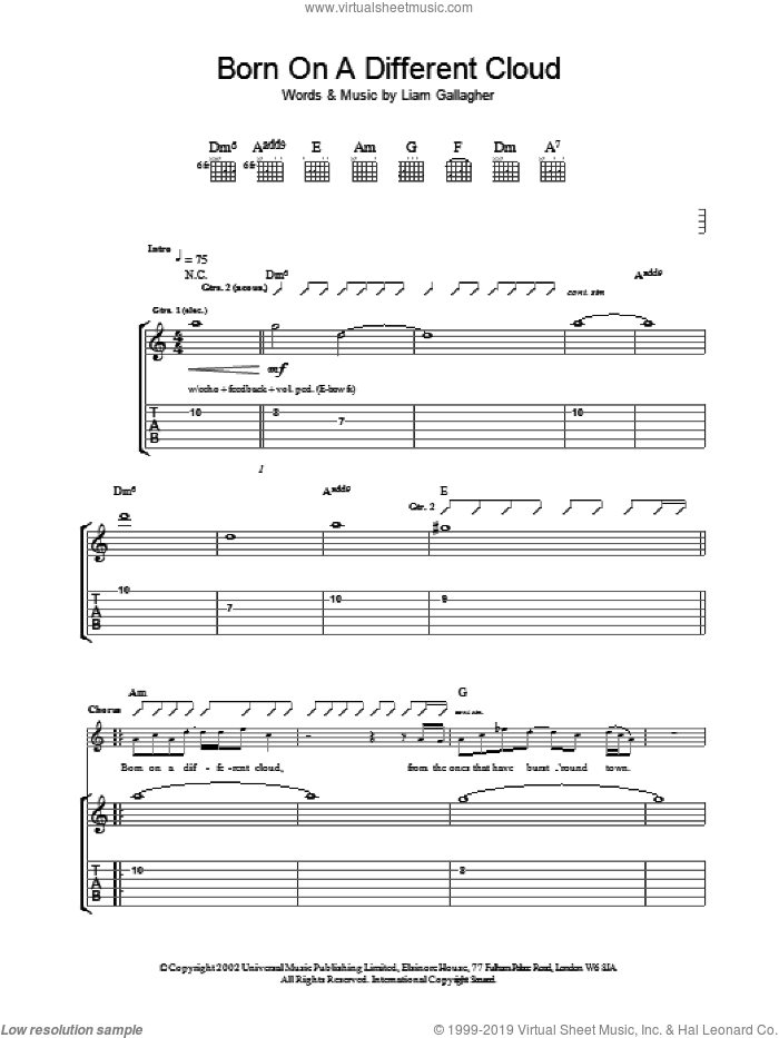 Born On A Different Cloud sheet music for guitar (tablature) by Oasis, intermediate skill level
