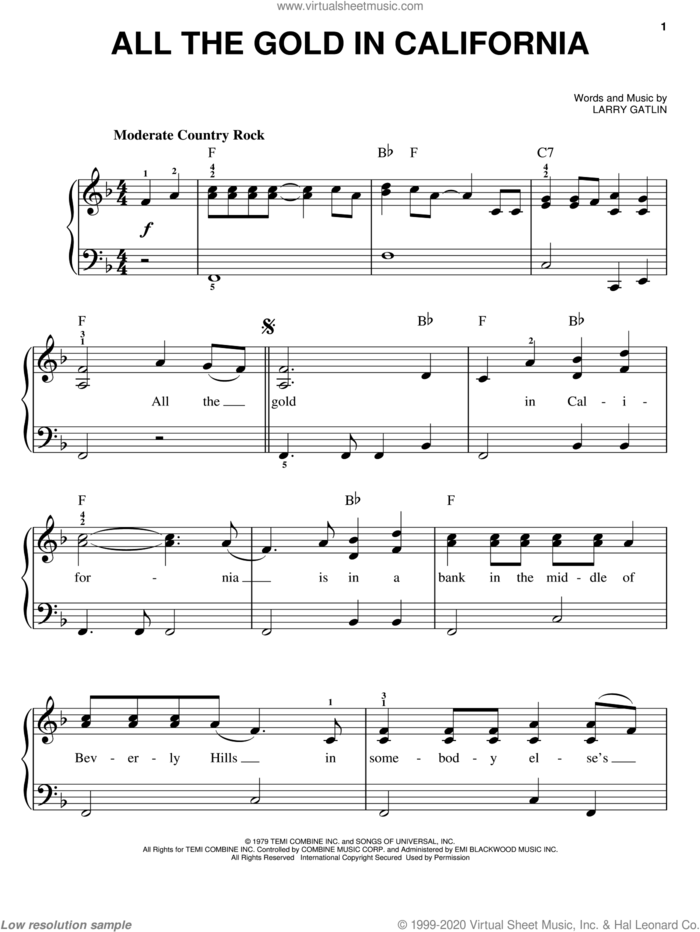 All The Gold In California sheet music for piano solo by The Gatlin Brothers and Larry Gatlin, easy skill level