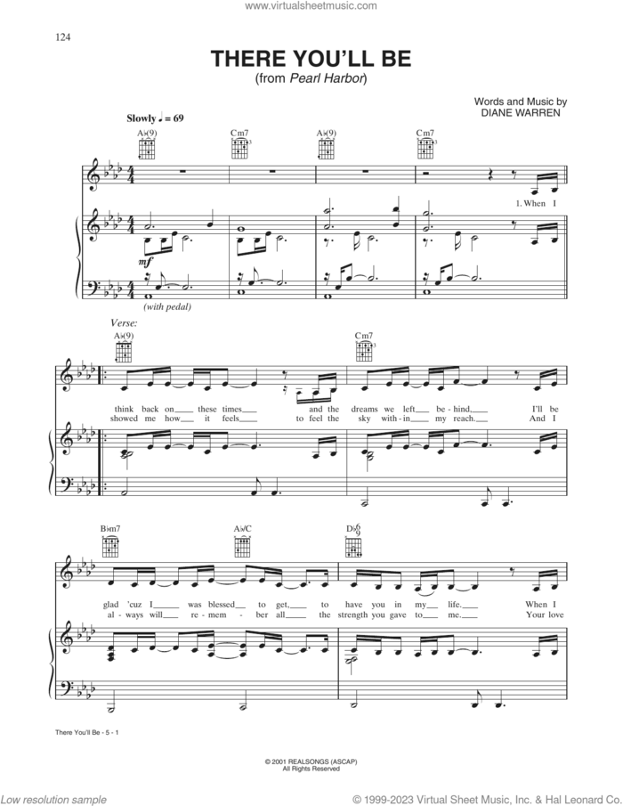 There You'll Be (from Pearl Harbor) sheet music for voice, piano or guitar by Faith Hill and Diane Warren, intermediate skill level