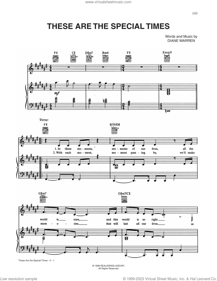 These Are Special Times sheet music for voice, piano or guitar by CÉLINE DION and Diane Warren, intermediate skill level