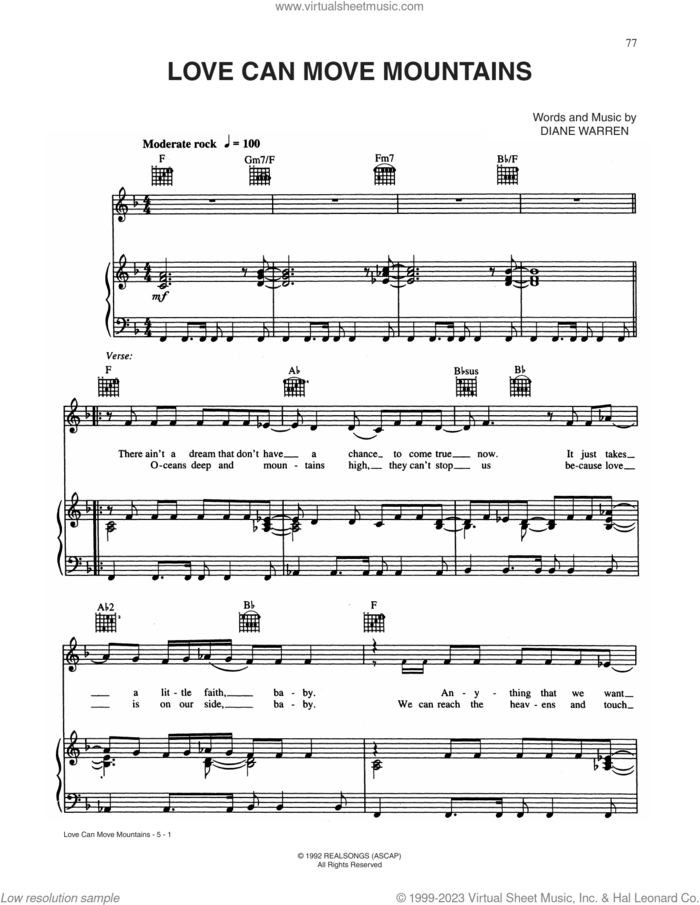 Love Can Move Mountains sheet music for voice, piano or guitar by CÉLINE DION and Diane Warren, intermediate skill level