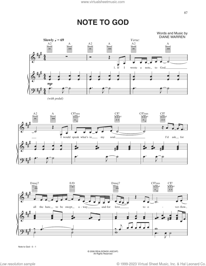 Note To God sheet music for voice, piano or guitar by Charice and Diane Warren, intermediate skill level
