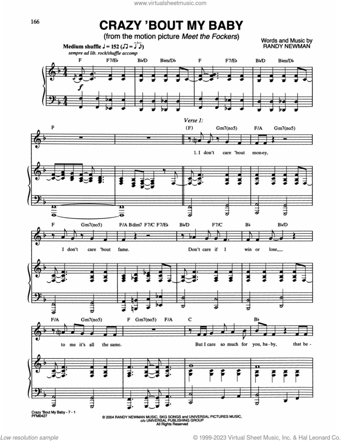 Crazy 'Bout My Baby (from Meet The Fockers) sheet music for voice and piano by Randy Newman, intermediate skill level
