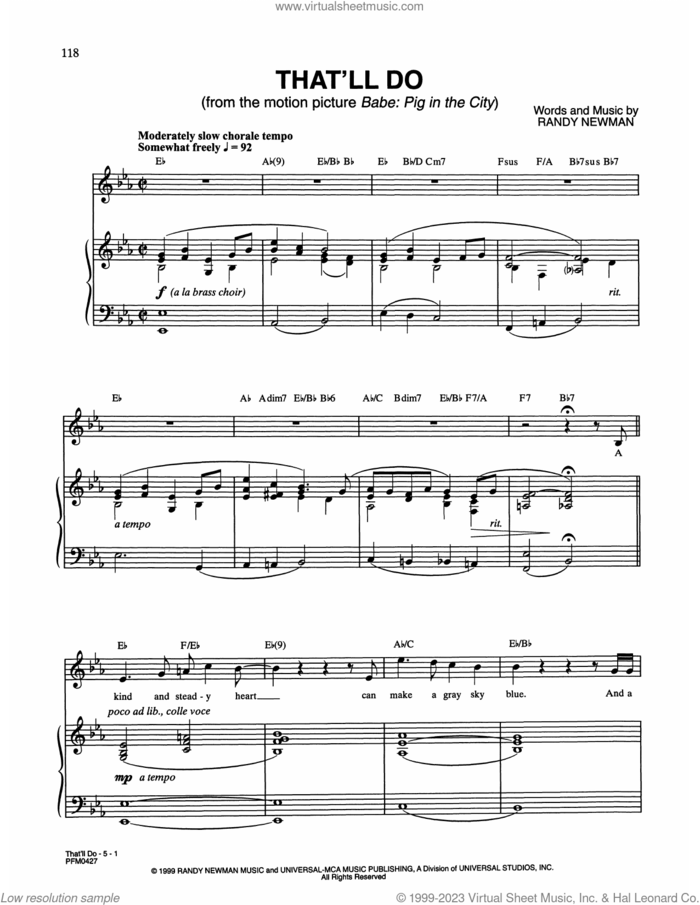 That'll Do (from Babe: Pig In The City) sheet music for voice and piano by Peter Gabriel feat. Paddy Maloney & The Black Dyke Mills Band and Randy Newman, intermediate skill level