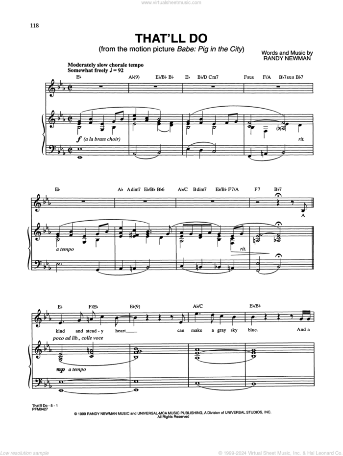 That'll Do (from Babe: Pig In The City) sheet music for voice and piano by Peter Gabriel feat. Paddy Maloney & The Black Dyke Mills Band and Randy Newman, intermediate skill level