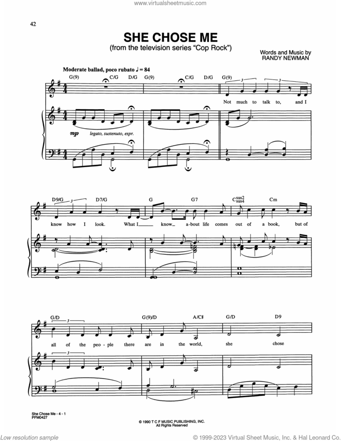 She Chose Me (from Cop Rock) sheet music for voice and piano by Randy Newman, intermediate skill level