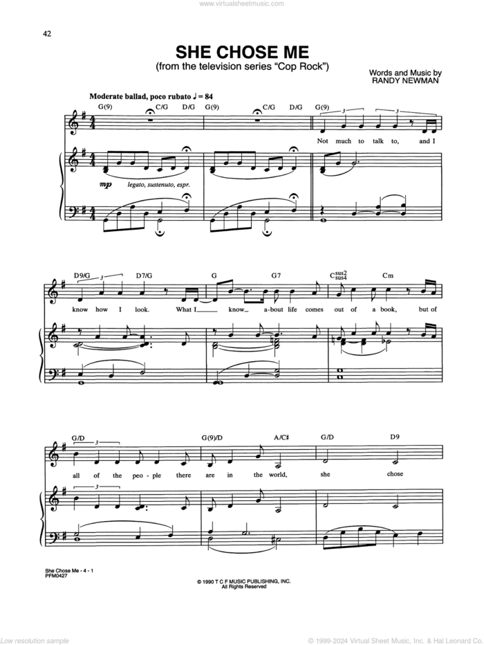 She Chose Me (from Cop Rock) sheet music for voice and piano by Randy Newman, intermediate skill level