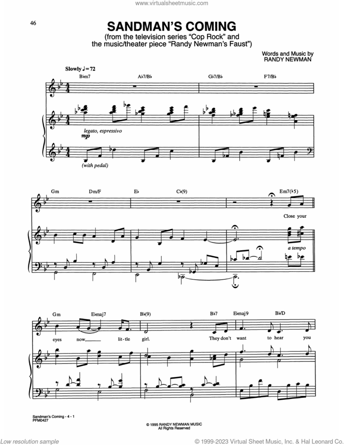 Sandman's Coming (from Cop Rock) sheet music for voice and piano by Randy Newman, intermediate skill level