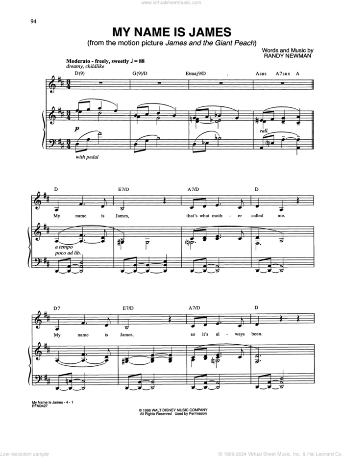 My Name Is James (from James and the Giant Peach) sheet music for voice and piano by Randy Newman, intermediate skill level