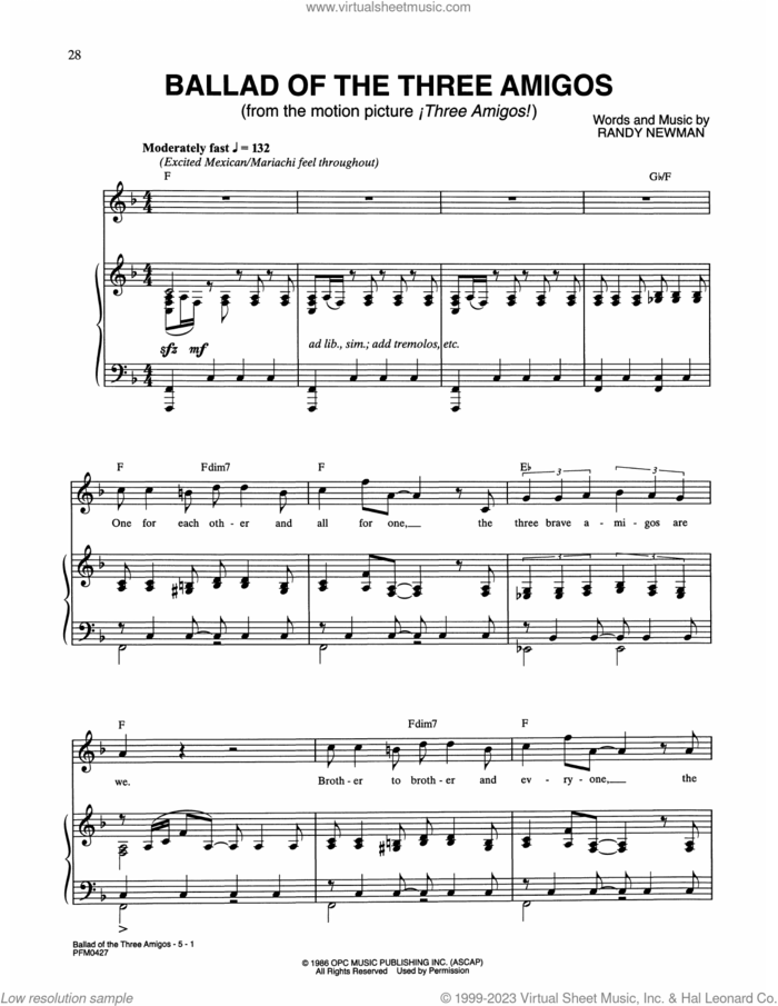 Ballad Of The Three Amigos (from Three Amigos!) sheet music for voice and piano by Randy Newman, intermediate skill level