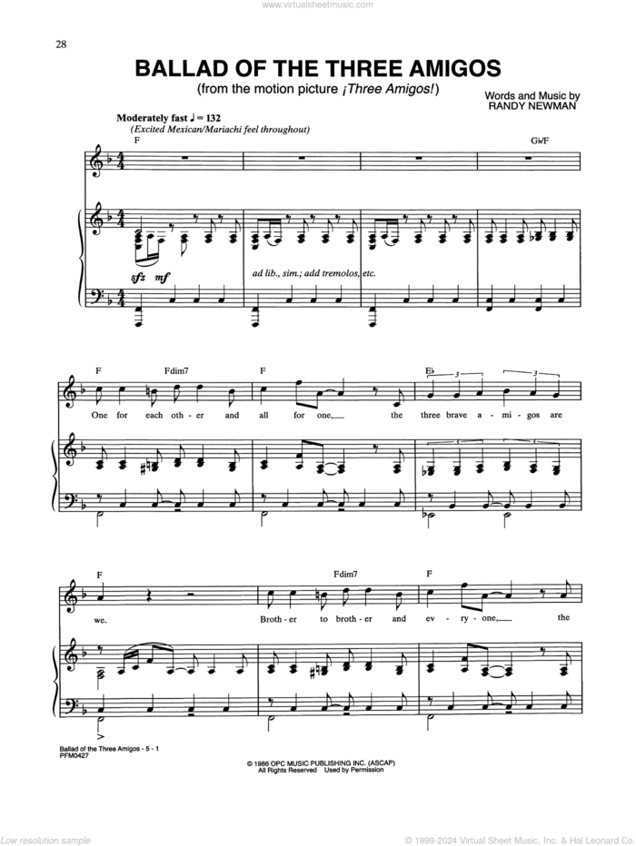 Ballad Of The Three Amigos (from Three Amigos!) sheet music for voice and piano by Randy Newman, intermediate skill level