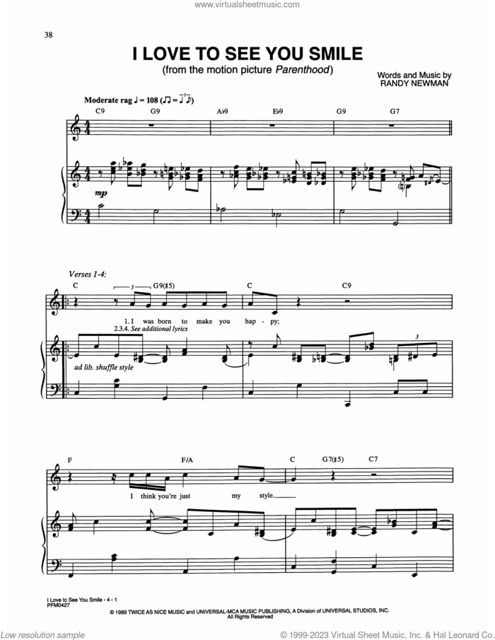 I Love To See You Smile (from Parenthood) sheet music for voice and piano by Randy Newman, intermediate skill level
