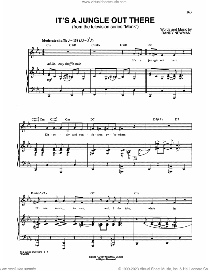 It's A Jungle Out There (from Monk) sheet music for voice and piano by Randy Newman, intermediate skill level