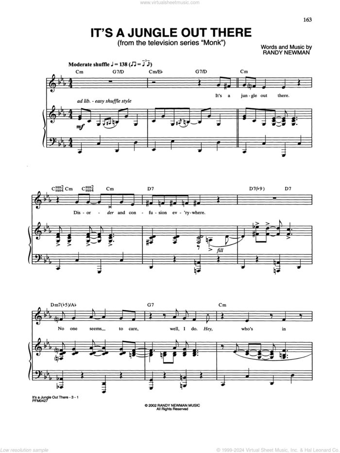 It's A Jungle Out There (from Monk) sheet music for voice and piano by Randy Newman, intermediate skill level