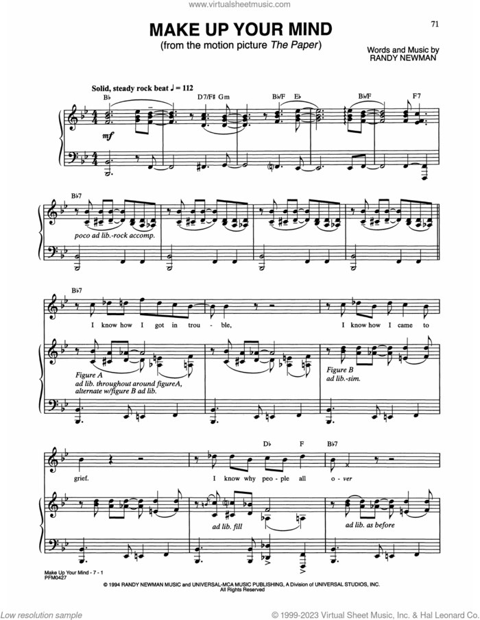 Make Up Your Mind (from The Paper) sheet music for voice and piano by Randy Newman, intermediate skill level