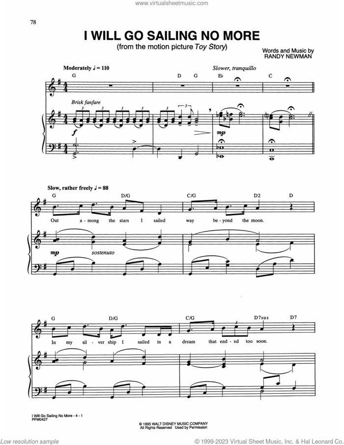 I Will Go Sailing No More (from Toy Story) sheet music for voice and piano by Randy Newman, intermediate skill level