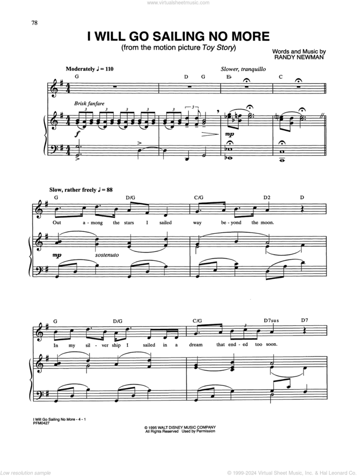 I Will Go Sailing No More (from Toy Story) sheet music for voice and piano by Randy Newman, intermediate skill level