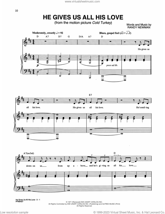 He Gives Us All His Love (from Cold Turkey) sheet music for voice and piano by Randy Newman, intermediate skill level
