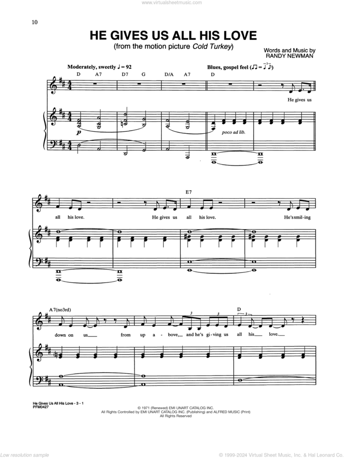 He Gives Us All His Love (from Cold Turkey) sheet music for voice and piano by Randy Newman, intermediate skill level