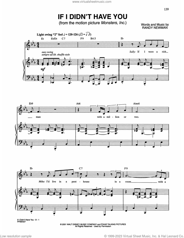 If I Didn't Have You (from Monsters, Inc.) sheet music for voice and piano by Billy Crystal and John Goodman and Randy Newman, intermediate skill level