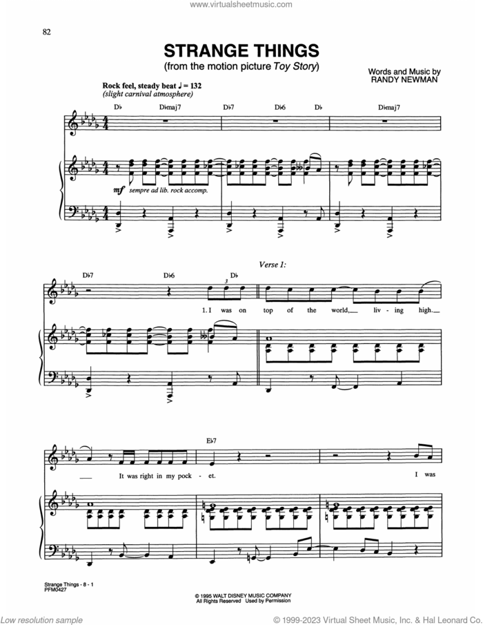 Strange Things (from Toy Story) sheet music for voice and piano by Randy Newman, intermediate skill level