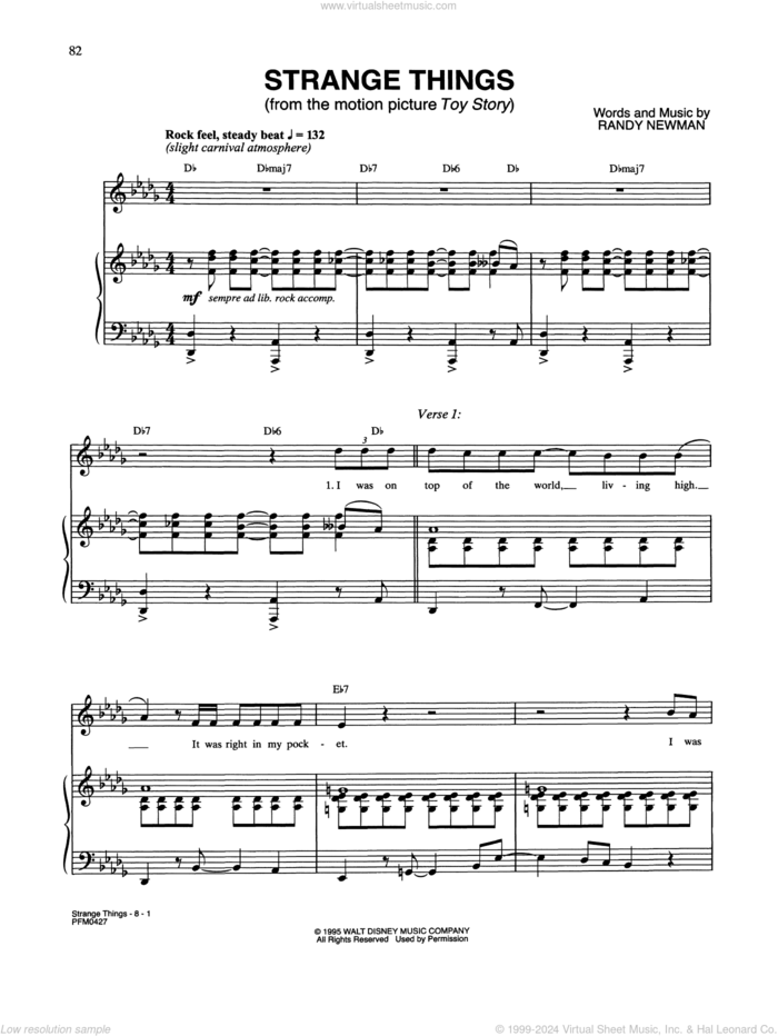 Strange Things (from Toy Story) sheet music for voice and piano by Randy Newman, intermediate skill level