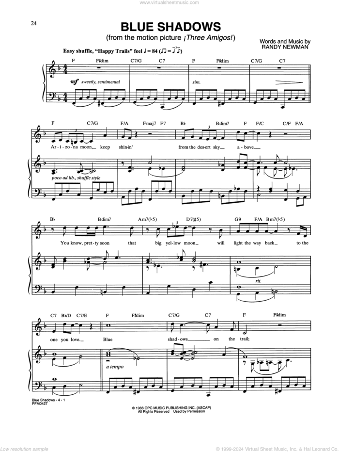 Blue Shadows On The Trail (from Three Amigos!) sheet music for voice and piano by Randy Newman, intermediate skill level