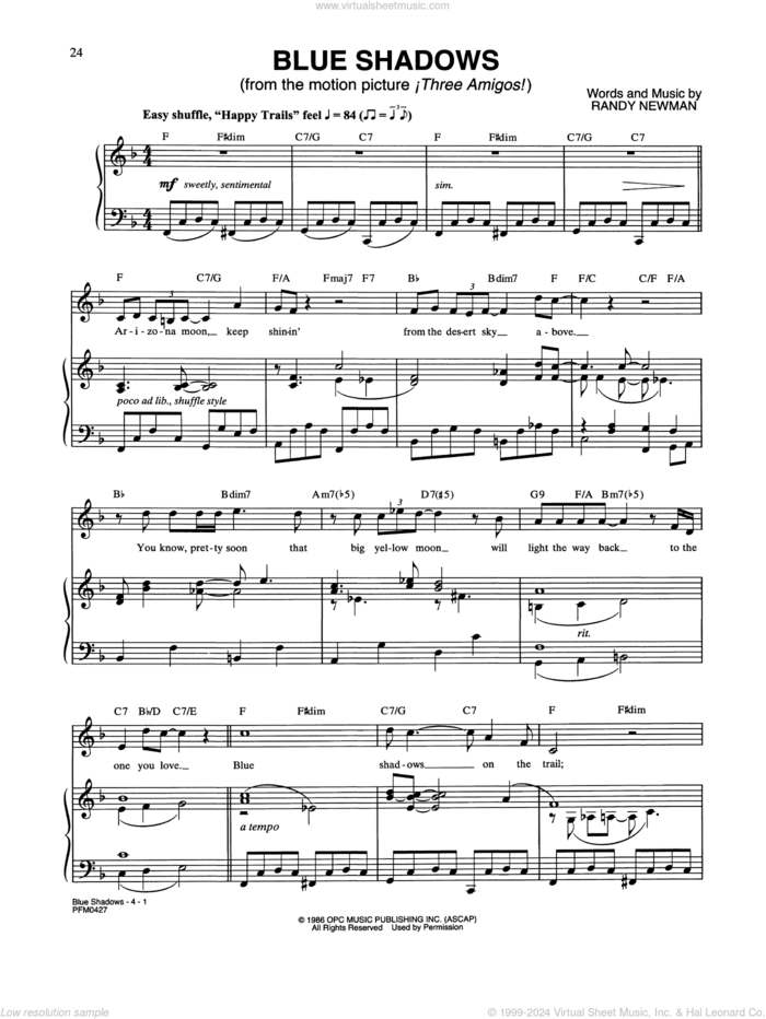 Blue Shadows On The Trail (from Three Amigos!) sheet music for voice and piano by Randy Newman, intermediate skill level