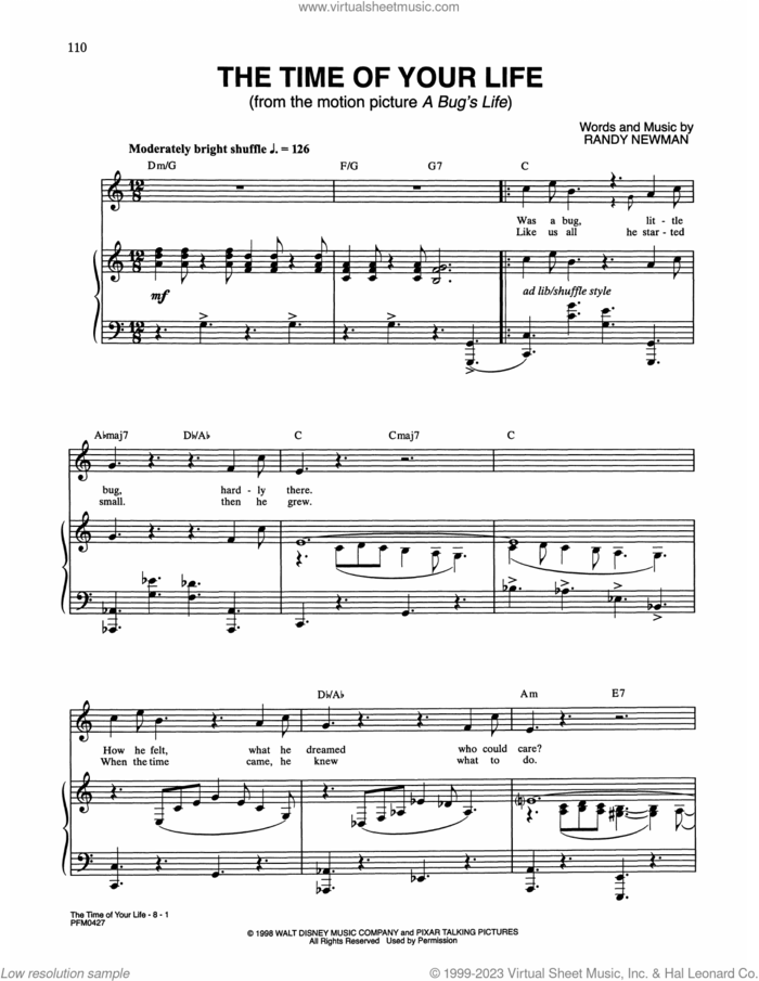 The Time Of Your Life (from A Bug's Life) sheet music for voice and piano by Randy Newman, intermediate skill level